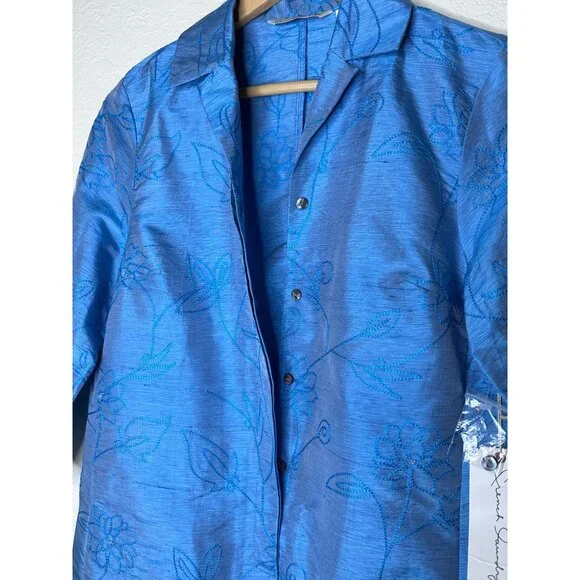 French Laundry Silk Jacket Blue Floral Embroidery 3/4 Sleeve Size Small - Picture 6 of 8